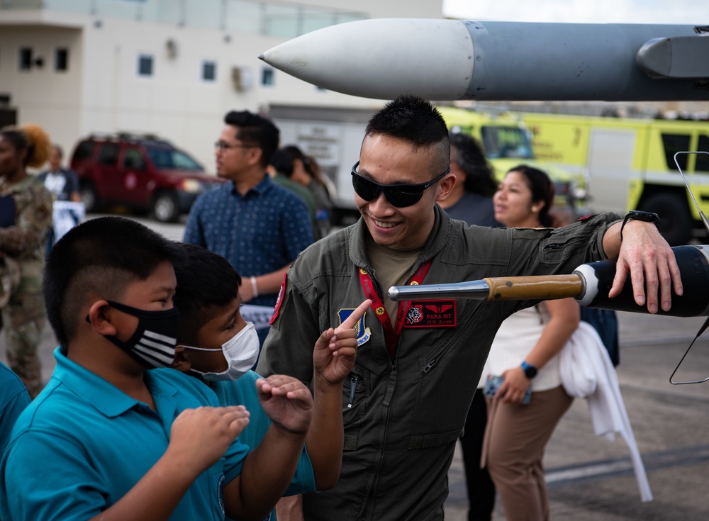 Cope North exercise participants &quot;Pet the Jet&quot; event with Guam elementary students
