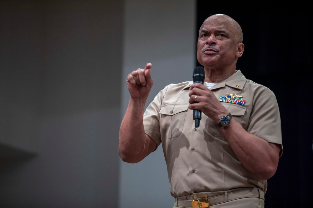 Phillip Brashear speaks to the crew of USS Iwo Jima