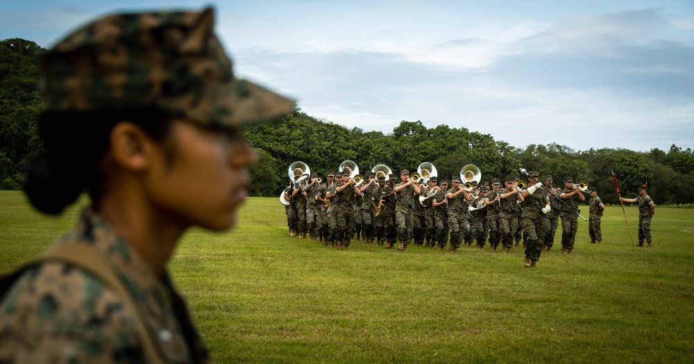 US Marines conduct a rehearsal for Marine Corps Base Camp Blaz Reactivation and Naming Ceremony