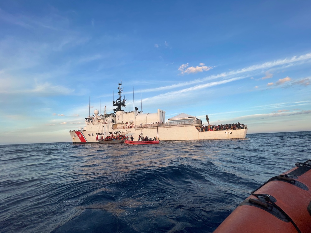 USCGC Legare's crew interdicts an unsafe vessel with 396 migrants