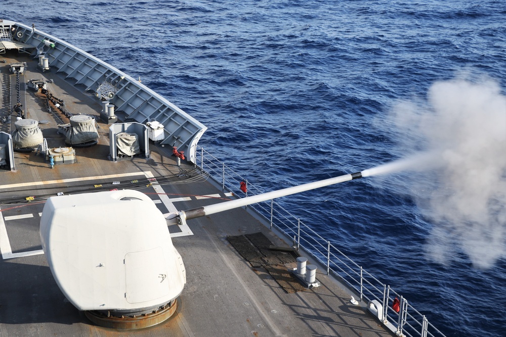 USS Antietam (CG 54) Fires Mk 45 5-Inch Light Gun Weapon System During Live-Fire Exercise