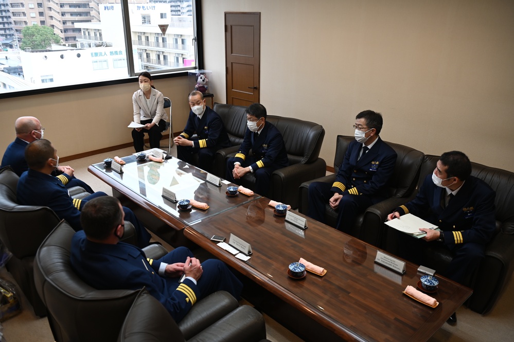 U.S. Coast Guard Cutter Kimball command meet with Japan Coast Guard senior leadership in Kagoshima, Japan