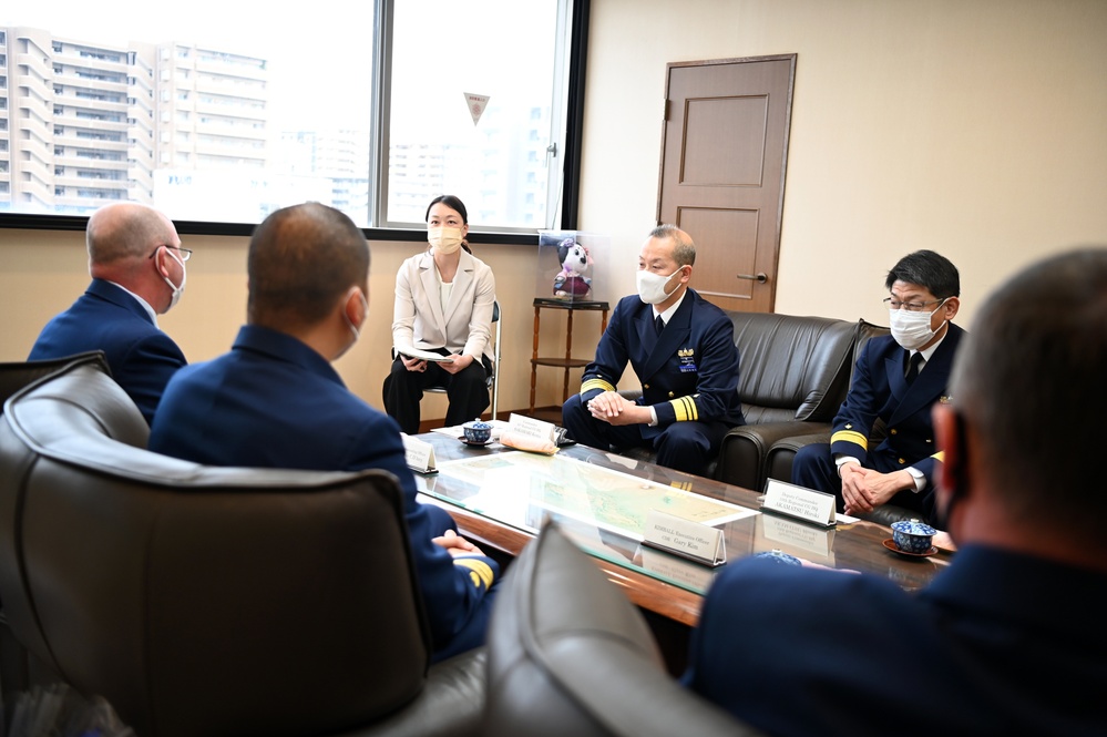 U.S. Coast Guard Cutter Kimball command meet with Japan Coast Guard senior leadership in Kagoshima, Japan