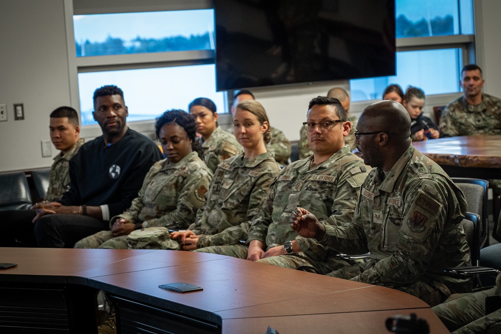 129th Rescue Wing welcomes the Hoops for Troops Campaign to speak on resiliency at Moffett Air National Guard Base