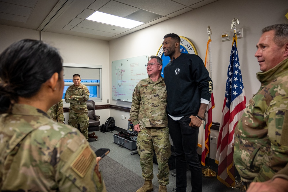 129th Rescue Wing welcomes the Hoops for Troops Campaign to speak on resiliency at Moffett Air National Guard Base