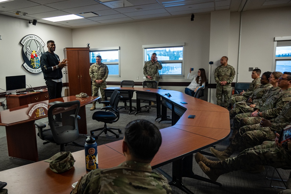 129th Rescue Wing welcomes the Hoops for Troops Campaign to speak on resiliency at Moffett Air National Guard Base