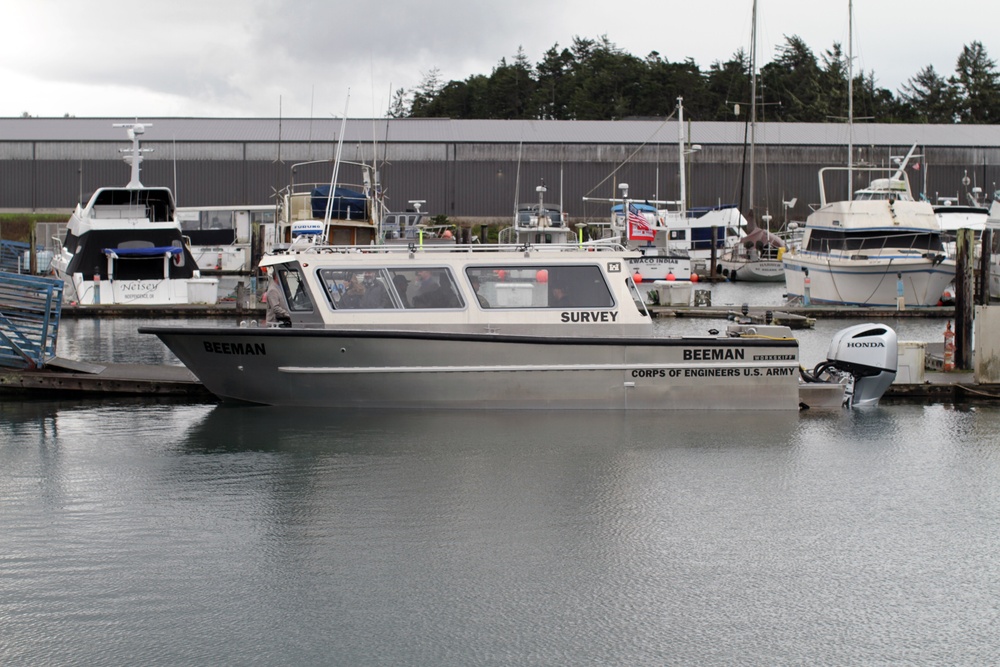 Survey Vessel Beeman awaits christening at the harbor in Newport, Ore.