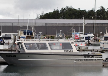 Survey Vessel Beeman awaits christening at the harbor in Newport, Ore.