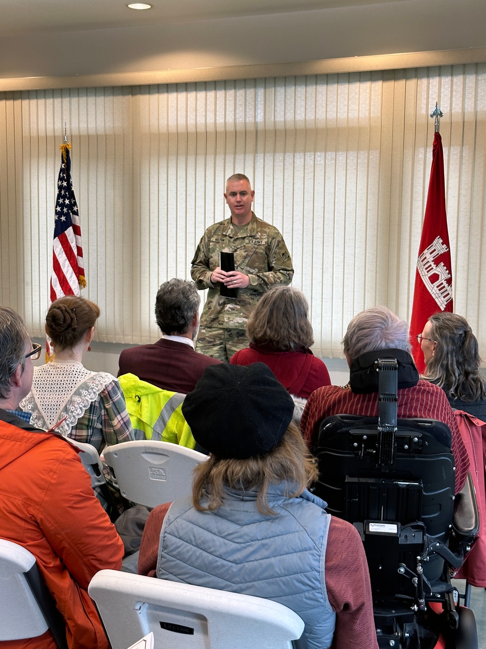 Col. Helton gives a speech to the Beeman family and crew of the newly constructed survey vessel Beeman.