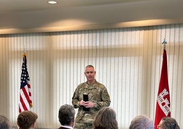Col. Helton gives a speech to the Beeman family and crew of the newly constructed survey vessel Beeman.