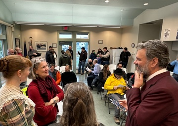 Guests and family gather at the USACE survey vessel christening ceremony in Newport, Ore.