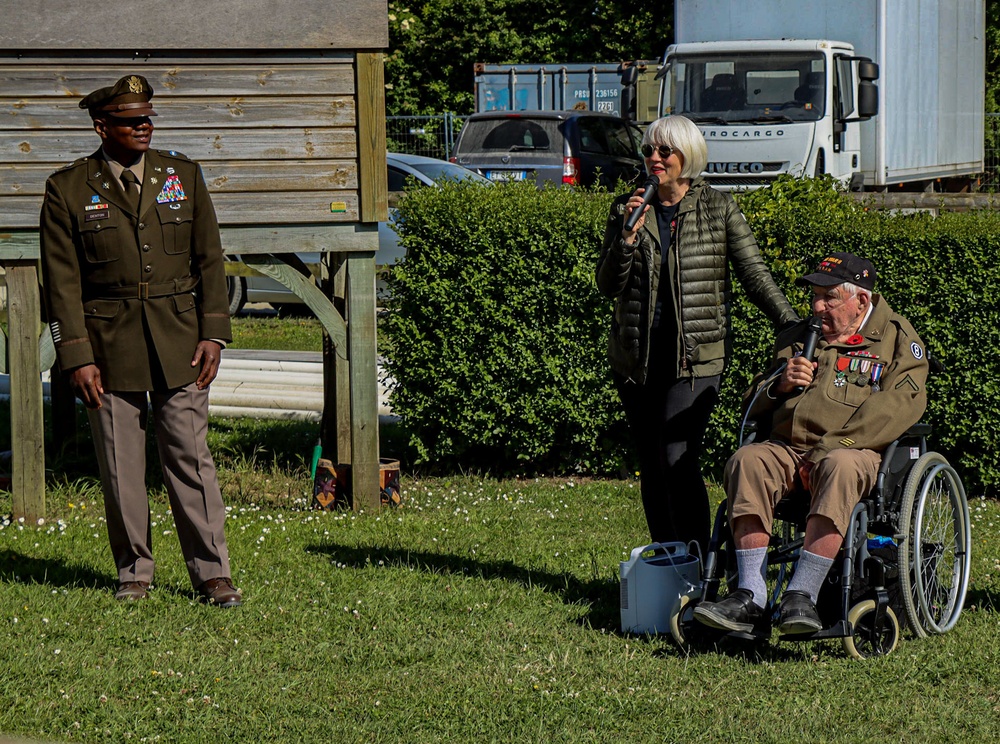 Helen Patton speaks to Task Force 78 in Normandy, France