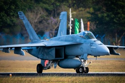 F/A-18E from Strike Fighter Squadron (VFA) 27 participates in Aero India 2023