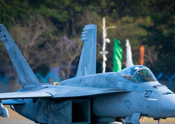 F/A-18E from Strike Fighter Squadron (VFA) 27 participates in Aero India 2023