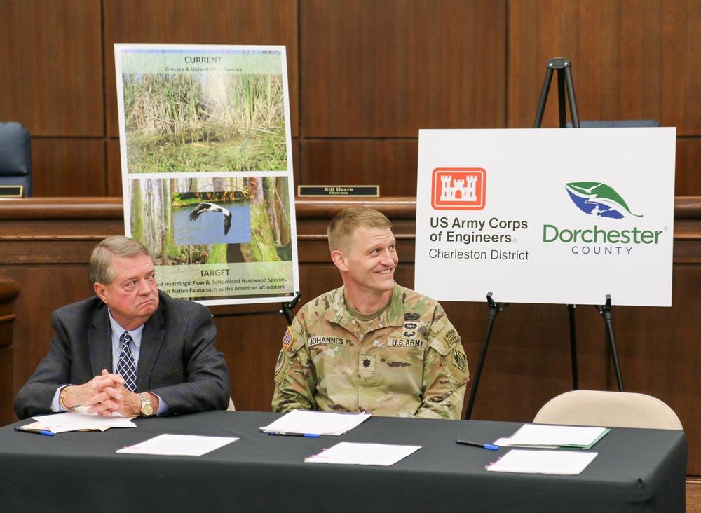The Charleston District and Dorchester County sign a Project Partnership Agreement for the restoration of approximately 290 acres of Polk Swamp.