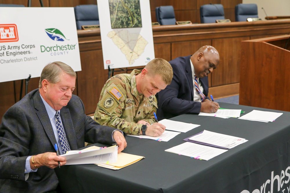 The Charleston District and Dorchester County sign a Project Partnership Agreement for the restoration of approximately 290 acres of Polk Swamp.
