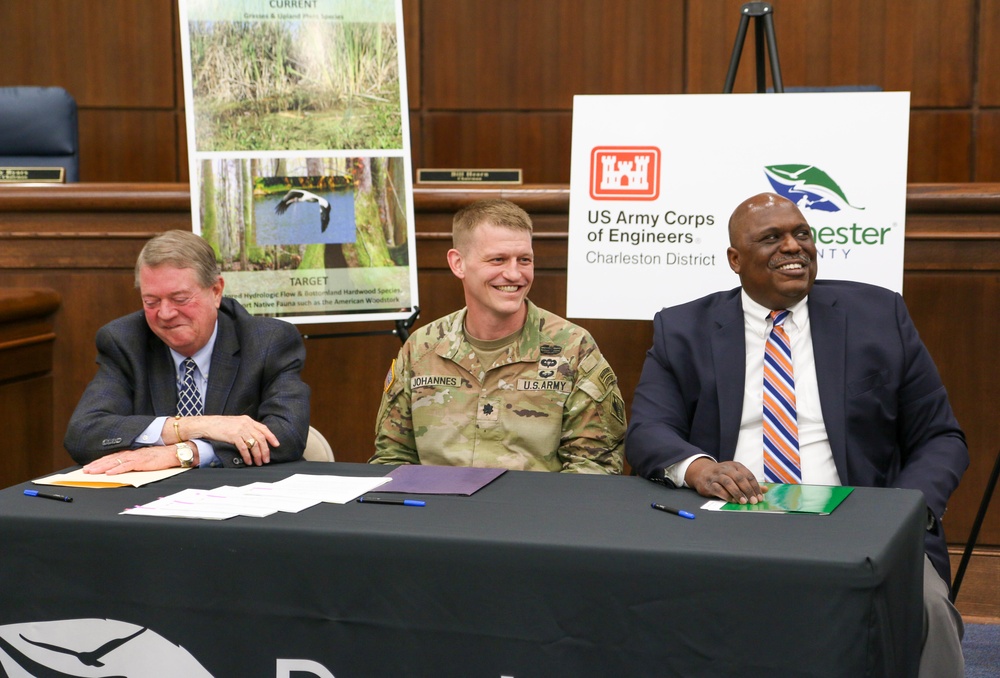 The Charleston District and Dorchester County sign a Project Partnership Agreement for the restoration of approximately 290 acres of Polk Swamp.