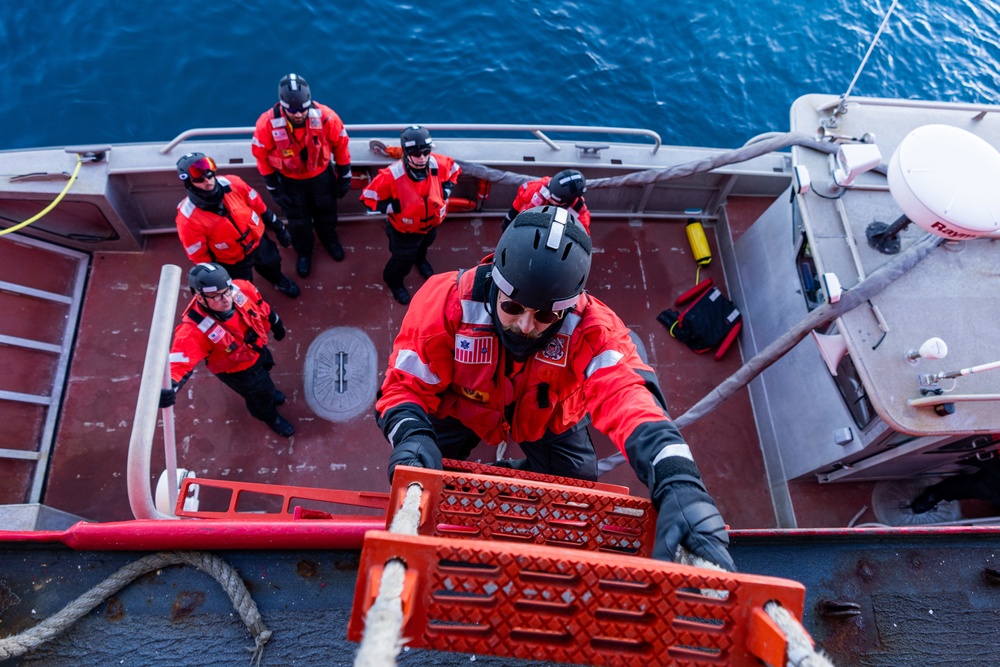Coast Guard Cutter Polar Star conducts small boat operations during Operation Deep Freeze 2023