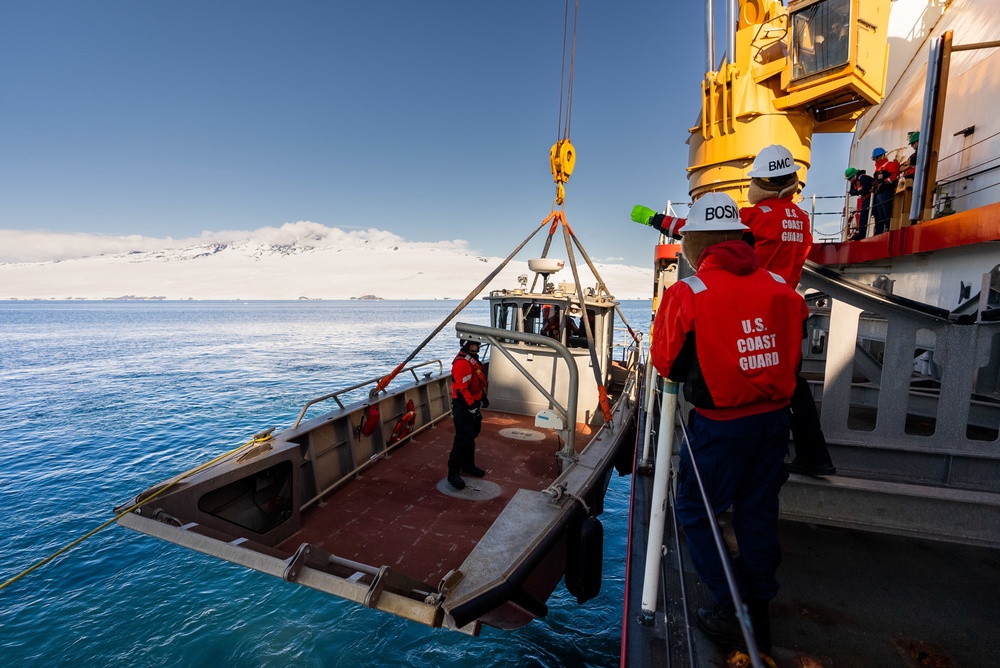 Coast Guard Cutter Polar Star conducts small boat operations during Operation Deep Freeze 2023