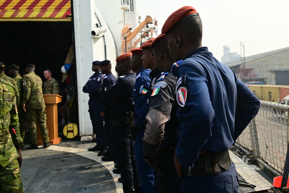USCGC Spencer (WMEC 905) conducts boarding procedure training with the Ivorian Navy and Gendarmerie