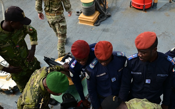 USCGC Spencer (WMEC 905) conducts boarding procedure training with the Ivorian Navy and Gendarmerie