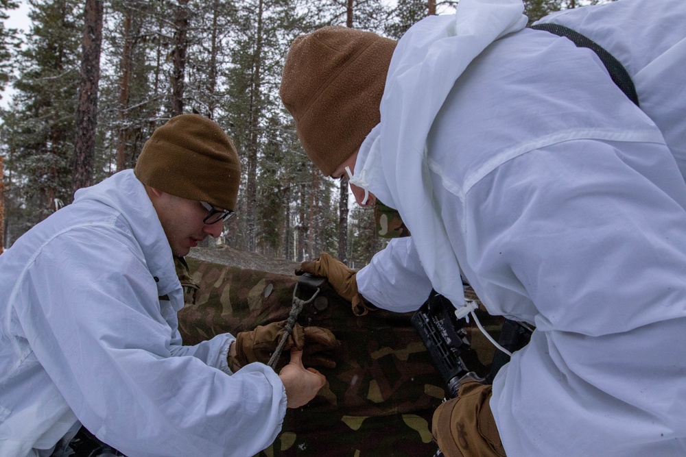 Charlie Troop, 3-71 Cavalry Regiment, 1BCT, 10th Mountain Division conduct skiing and extreme cold weather survival training during Exercise Arctic Forge '23 on Feb. 18, 2023