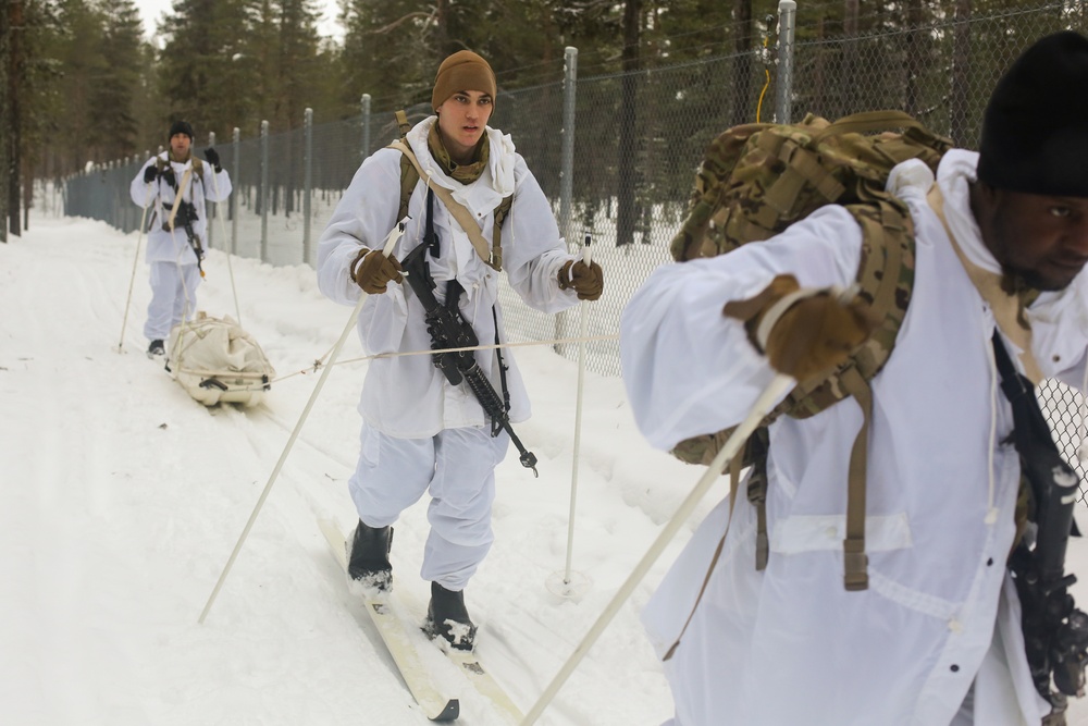 Charlie Troop, 3-71 Cavalry Regiment, 1BCT, 10th Mountain Division conduct skiing and extreme cold weather survival training during Exercise Arctic Forge '23 on Feb. 18, 2023