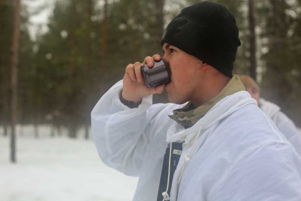 Charlie Troop, 3-71 Cavalry Regiment, 1BCT, 10th Mountain Division conduct skiing and extreme cold weather survival training during Exercise Arctic Forge '23 on Feb. 18, 2023