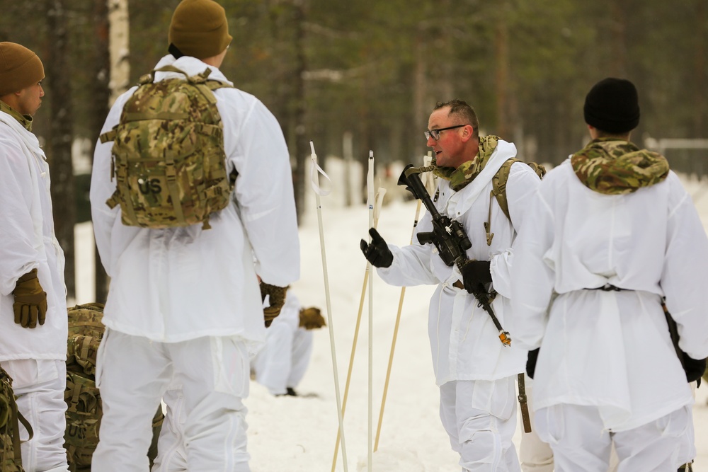 Charlie Troop, 3-71 Cavalry Regiment, 1BCT, 10th Mountain Division conduct skiing and extreme cold weather survival training during Exercise Arctic Forge '23 on Feb. 18, 2023