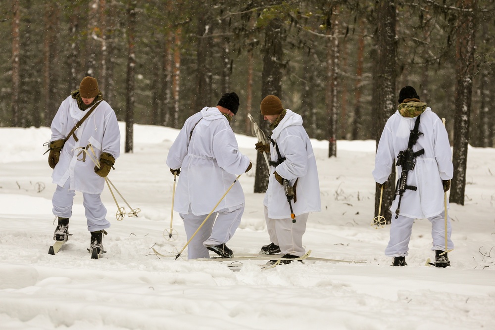 Charlie Troop, 3-71 Cavalry Regiment, 1BCT, 10th Mountain Division conduct skiing and extreme cold weather survival training during Exercise Arctic Forge '23 on Feb. 18, 2023