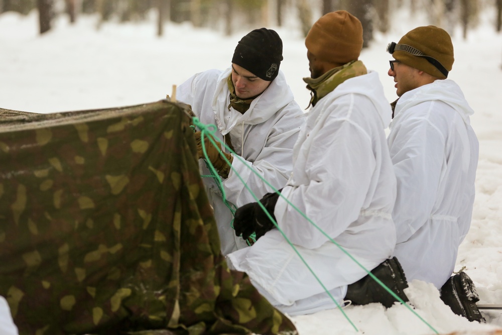 Charlie Troop, 3-71 Cavalry Regiment, 1BCT, 10th Mountain Division conduct skiing and extreme cold weather survival training during Exercise Arctic Forge '23 on Feb. 18, 2023
