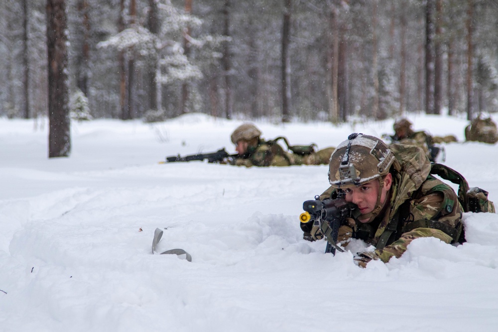 Charlie Troop, 3-71 Cavalry Regiment, 1BCT, 10th Mountain Division conduct firing positions on skis and squad tactics training during Exercise Arctic Forge '23 on Feb. 19, 2023