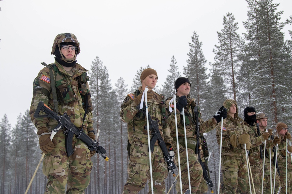 Charlie Troop, 3-71 Cavalry Regiment, 1BCT, 10th Mountain Division conduct firing positions on skis and squad tactics training during Exercise Arctic Forge '23 on Feb. 19, 2023