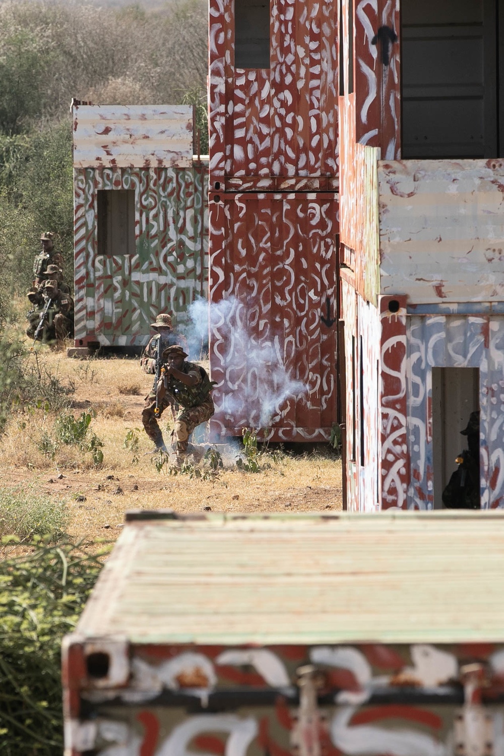 Kenyan, Djiboutian soldiers take on urban combat in a situational training exercise.