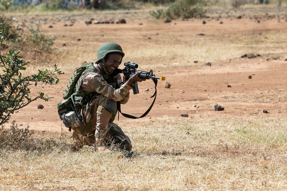 Kenyan, Djiboutian soldiers take on urban combat in a situational training exercise.