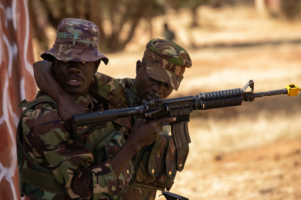 Kenyan, Djiboutian soldiers take on urban combat in a situational training exercise.