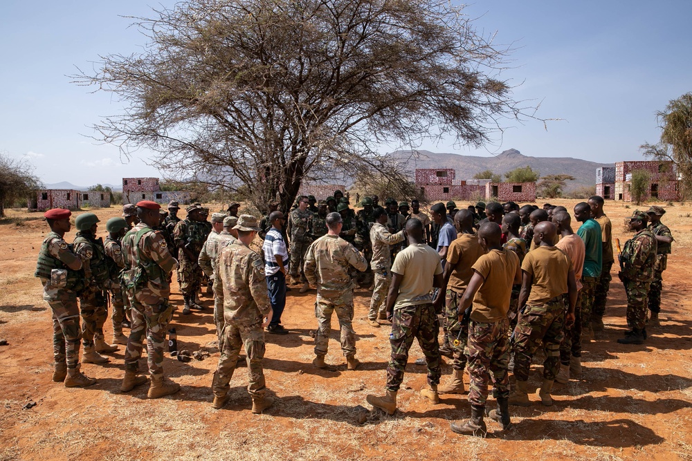 Kenyan, Djiboutian soldiers take on urban combat in a situational training exercise.