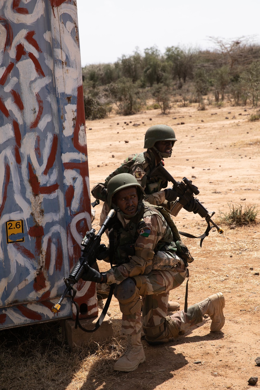 Kenyan, Djiboutian soldiers take on urban combat in a situational training exercise.