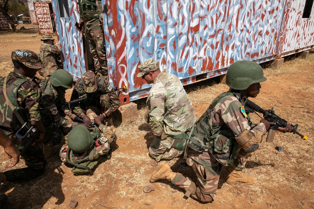 Kenyan, Djiboutian soldiers take on urban combat in a situational training exercise.