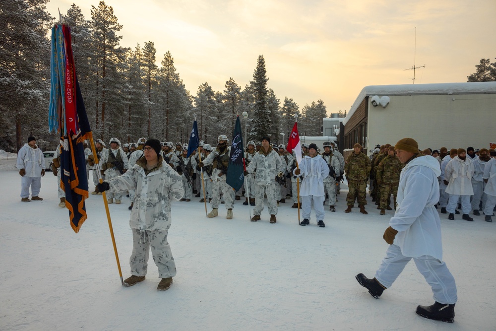 Charlie Troop, 3-71 Cavalry Regiment, 1BCT, 10th Mountain Division participate in the opening ceremony for Defense Exercise North in Sodankyla, Finland, during Exercise Arctic Forge '23 on Feb. 20, 2023