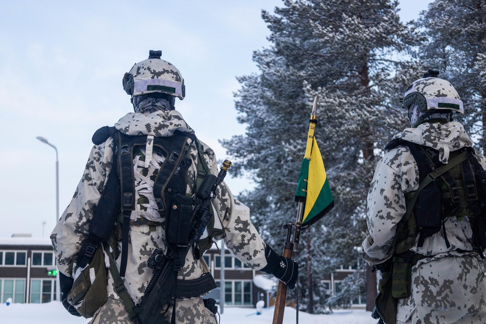 Charlie Troop, 3-71 Cavalry Regiment, 1BCT, 10th Mountain Division participate in the opening ceremony for Defense Exercise North in Sodankyla, Finland, during Exercise Arctic Forge '23 on Feb. 20, 2023