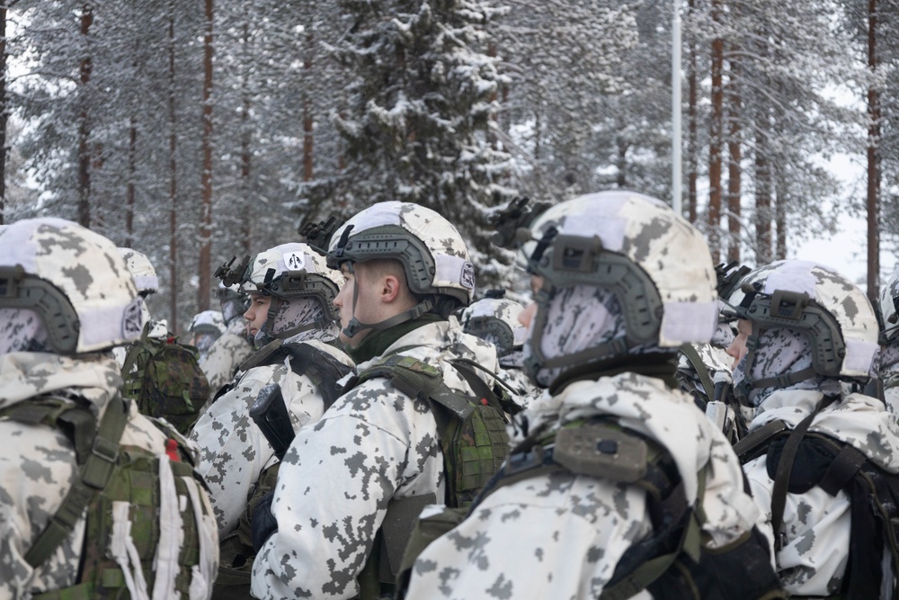 Charlie Troop, 3-71 Cavalry Regiment, 1BCT, 10th Mountain Division participate in the opening ceremony for Defense Exercise North in Sodankyla, Finland, during Exercise Arctic Forge '23 on Feb. 20, 2023
