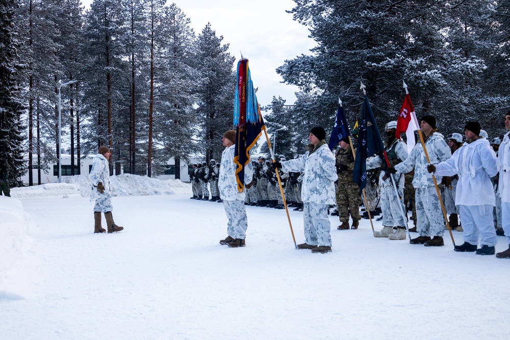 Charlie Troop, 3-71 Cavalry Regiment, 1BCT, 10th Mountain Division participate in the opening ceremony for Defense Exercise North in Sodankyla, Finland, during Exercise Arctic Forge '23 on Feb. 20, 2023