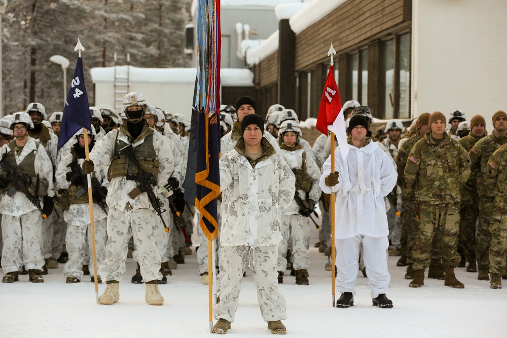 Charlie Troop, 3-71 Cavalry Regiment, 1BCT, 10th Mountain Division participate in the opening ceremony for Defense Exercise North in Sodankyla, Finland, during Exercise Arctic Forge '23 on Feb. 20, 2023