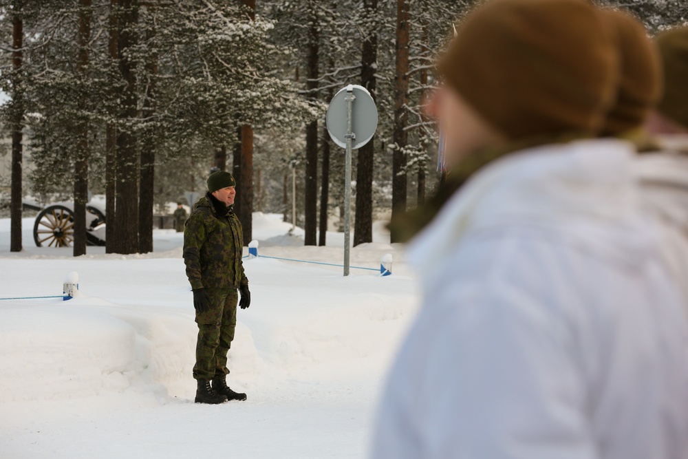 Charlie Troop, 3-71 Cavalry Regiment, 1BCT, 10th Mountain Division participate in the opening ceremony for Defense Exercise North in Sodankyla, Finland, during Exercise Arctic Forge '23 on Feb. 20, 2023