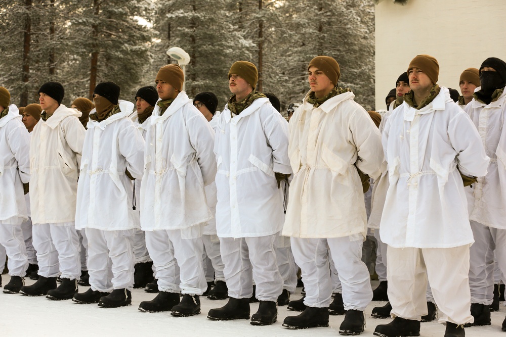 Charlie Troop, 3-71 Cavalry Regiment, 1BCT, 10th Mountain Division participate in the opening ceremony for Defense Exercise North in Sodankyla, Finland, during Exercise Arctic Forge '23 on Feb. 20, 2023