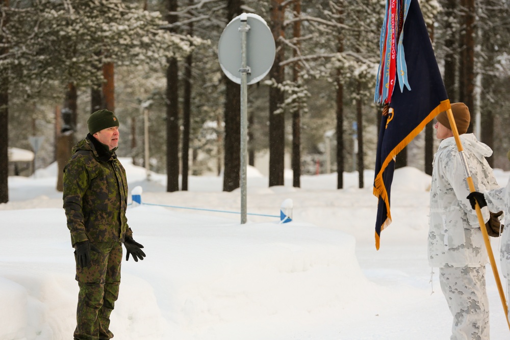 Charlie Troop, 3-71 Cavalry Regiment, 1BCT, 10th Mountain Division participate in the opening ceremony for Defense Exercise North in Sodankyla, Finland, during Exercise Arctic Forge '23 on Feb. 20, 2023