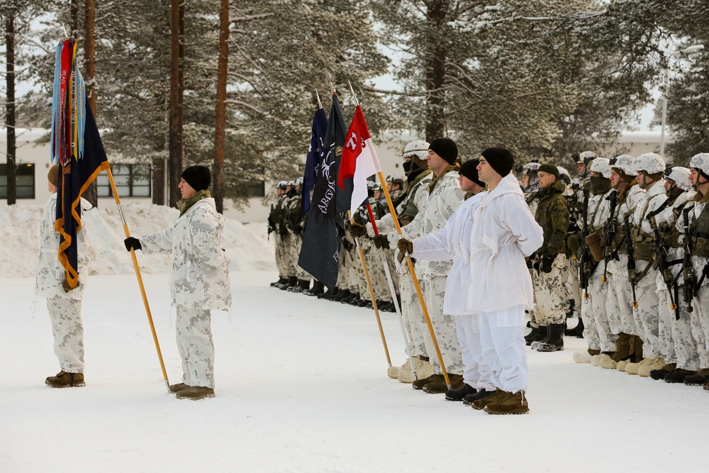 Charlie Troop, 3-71 Cavalry Regiment, 1BCT, 10th Mountain Division participate in the opening ceremony for Defense Exercise North in Sodankyla, Finland, during Exercise Arctic Forge '23 on Feb. 20, 2023