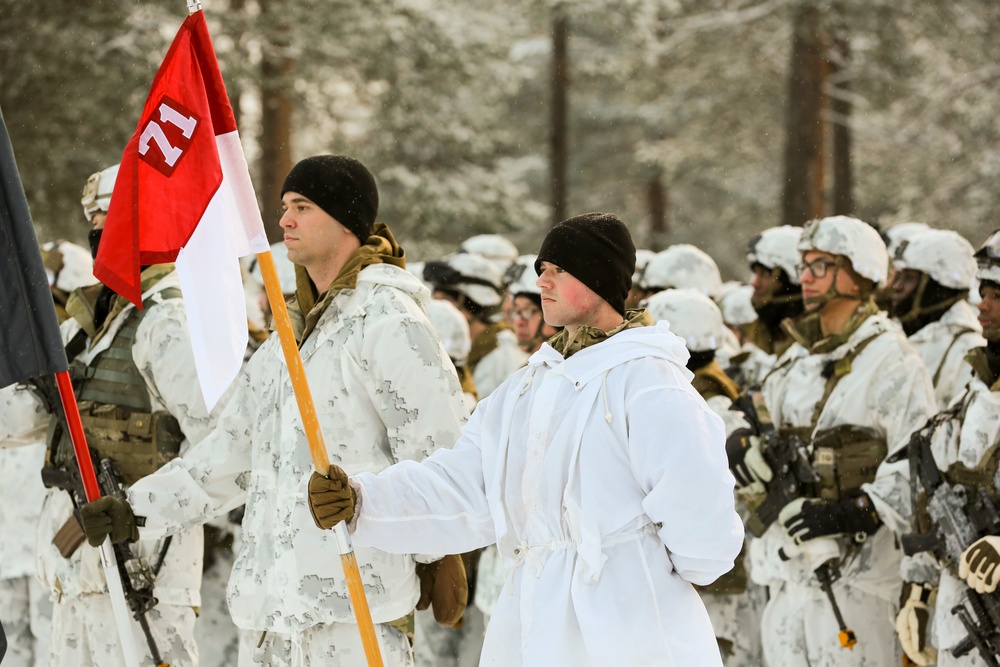 Charlie Troop, 3-71 Cavalry Regiment, 1BCT, 10th Mountain Division participate in the opening ceremony for Defense Exercise North in Sodankyla, Finland, during Exercise Arctic Forge '23 on Feb. 20, 2023