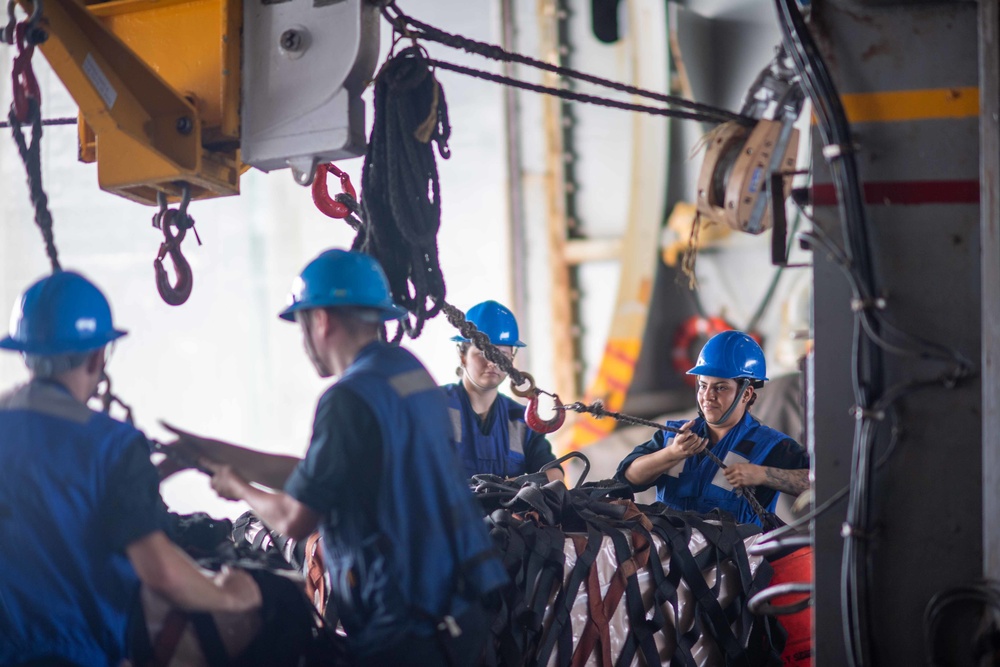 U.S. Navy Sailors Receive Cargo During A Replenishment-At-Sea